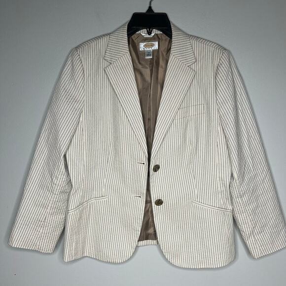 Talbots Petites Cream Tan Seersucker Pinstripe Blazer Jacket Preppy Size 14 - Picture 2 of 9